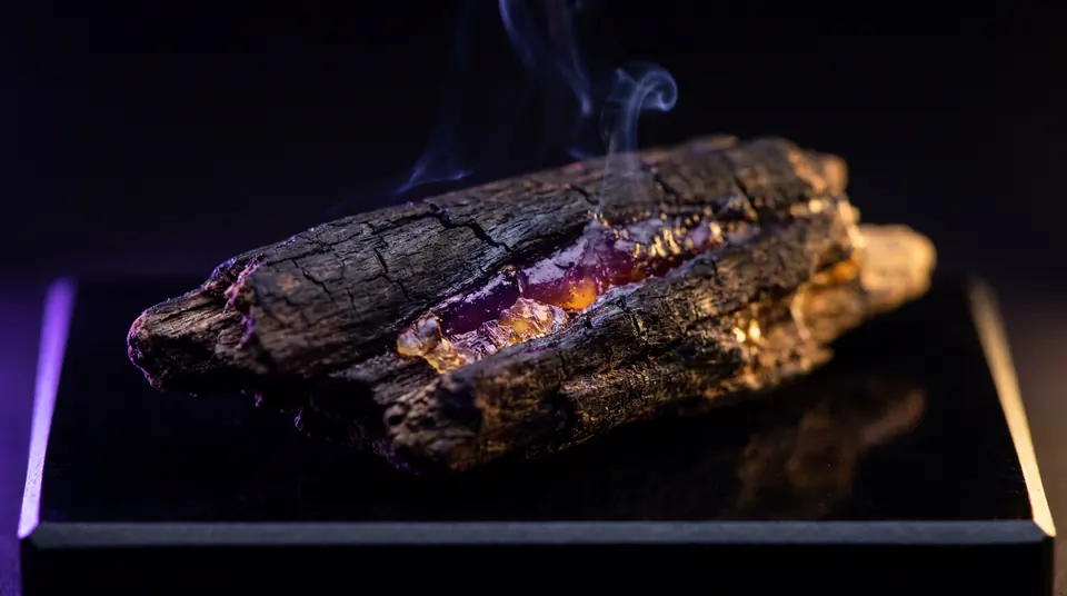 A charred agarwood chip with a glowing resin seam