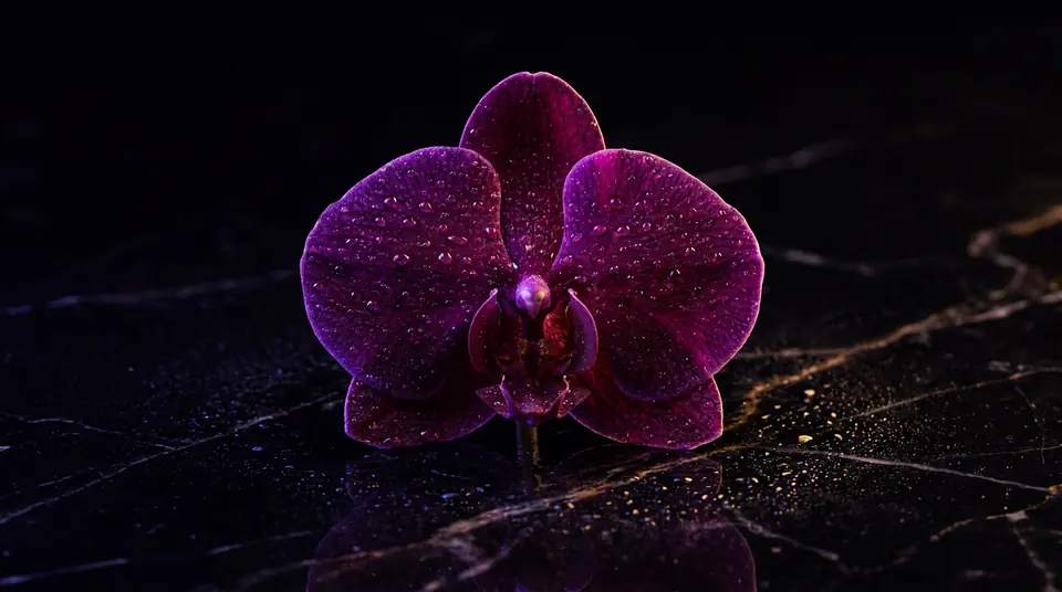 A dark purple orchid on wet black marble