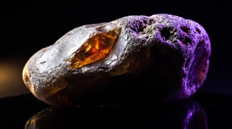 A raw ambergris stone lit from within