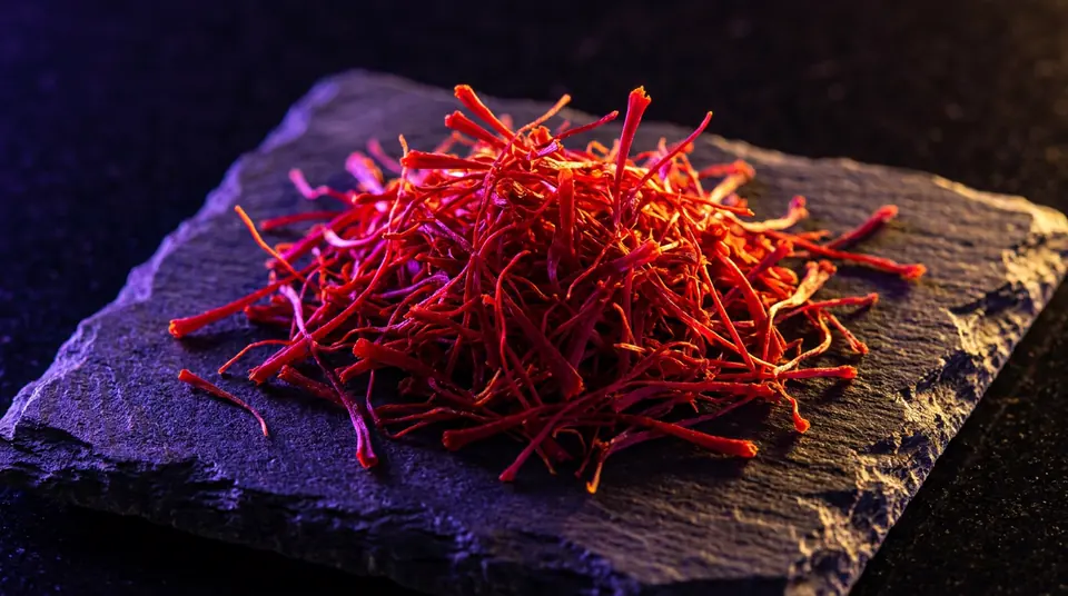 Crimson saffron threads on dark slate