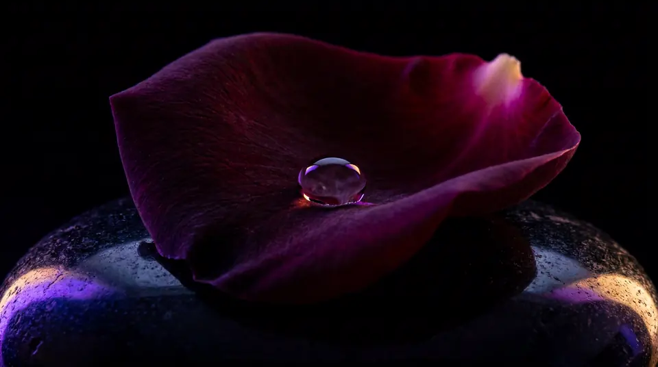 A black-crimson rose petal holding a single bead of water