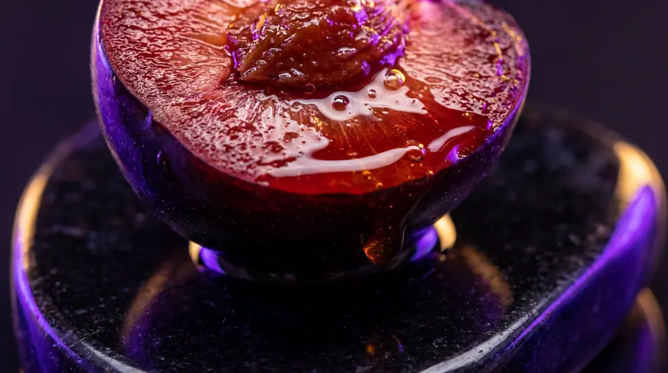 A halved black plum glistening with nectar