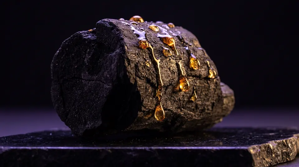 Golden frankincense resin running down charcoal