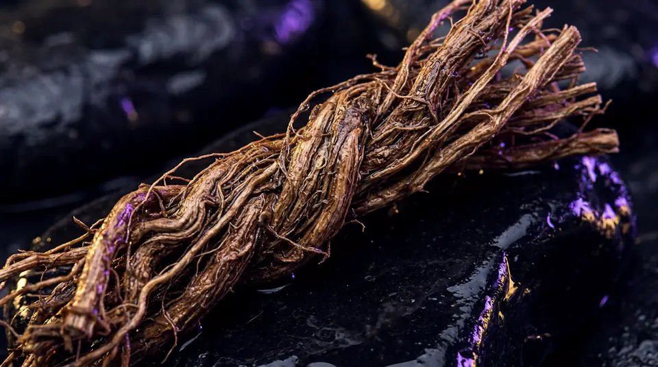A bundle of dried vetiver roots on wet black stone